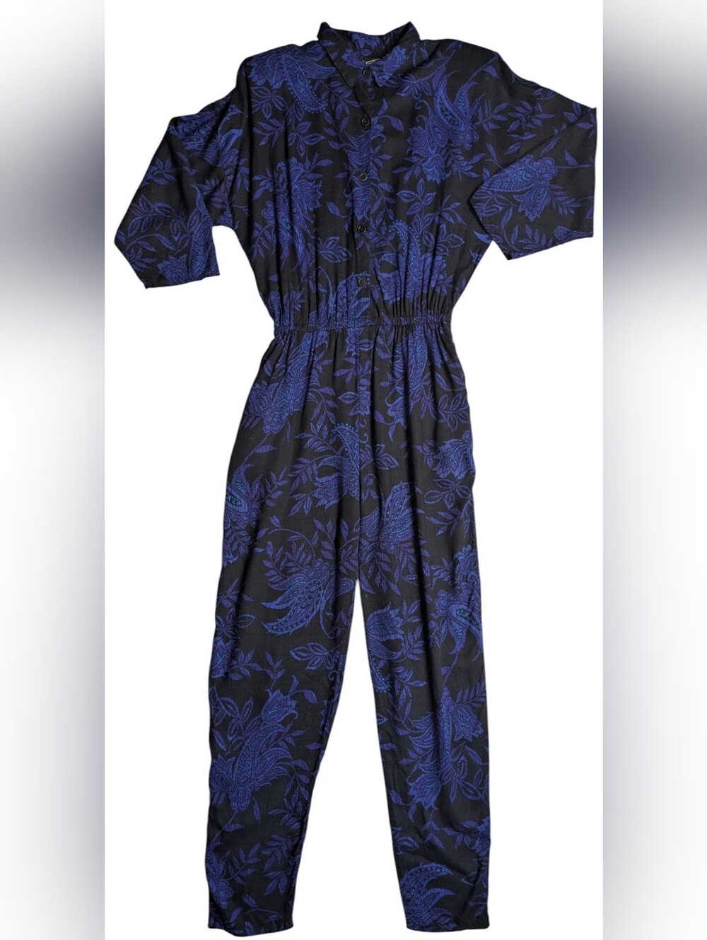 80s My Krush Black & Blue Floral Jumpsuit Size Medium